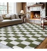 Ecoshag Soft Rugs for Living Room, 5x7 Ft Green and White Checkered Fluffy Shaggy Rugs for Indoor...