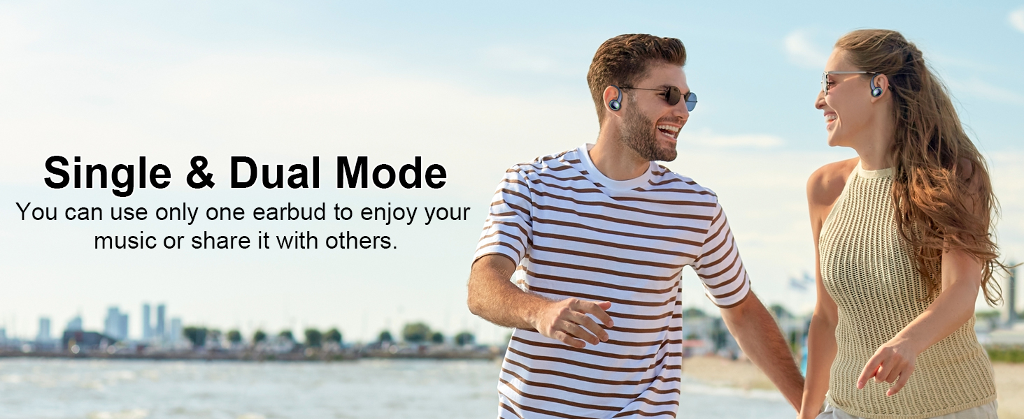 Text reads 'Single &amp; Dual Mode' and 'You can use only one earbud to enjoy your music or share it with others'. Lifestyle image showing people in casual attire outdoors with city skyline background.
