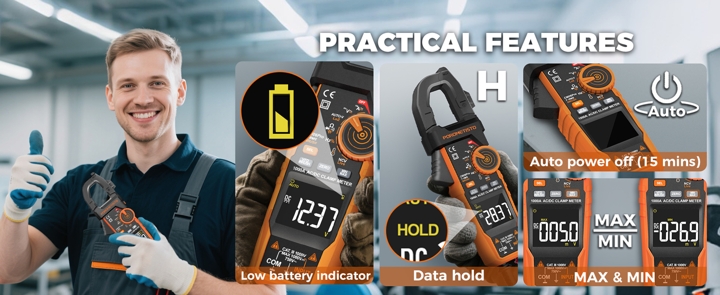 PRACTICAL FEATURES: Low battery indicator, Data hold, MAX &amp;amp; MIN, Auto power off