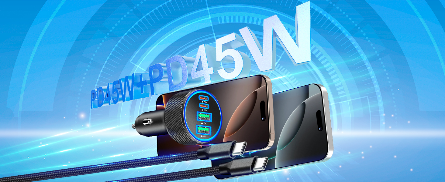 MFi Certified iPhone 17 Car Charger 4-Port 90W USB-C PD/QC3.0 Car Charger Cigarette Lighter Adapter