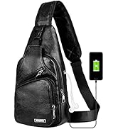 Peicees Leather Sling Bag Mens Crossbody Bag Chest Bag Sling Backpack for Men with USB Charge Port