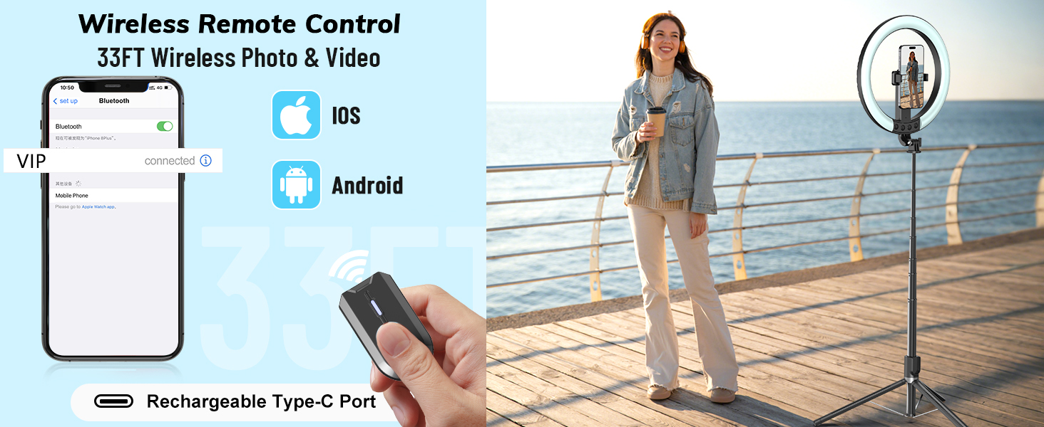content creator kit selfie ring light, selfie stick tripod with light and wireless remote