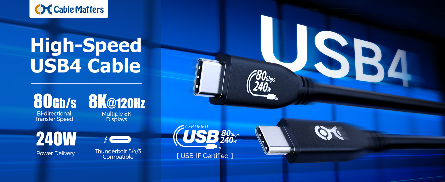 USB C to USB C cable with 80Gbps bandwidth for ultra-fast data transfer and 8K video support