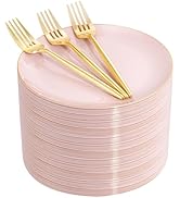 Rubtlamp 200Pcs Plastic Pink Dessert Plates with Disposable Gold Forks,Heavy Duty Pink Gold Salad...