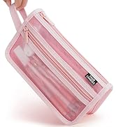 Four Candies Grid Mesh Pencil Case with Handle and Zipper, Clear Double-layer Pencil Pouch Marker...