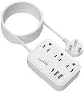 10FT Extension Cord with UK Plug Adapter, US to UK Plug Adapter with 3 Outlets 3 USB Charging Por...