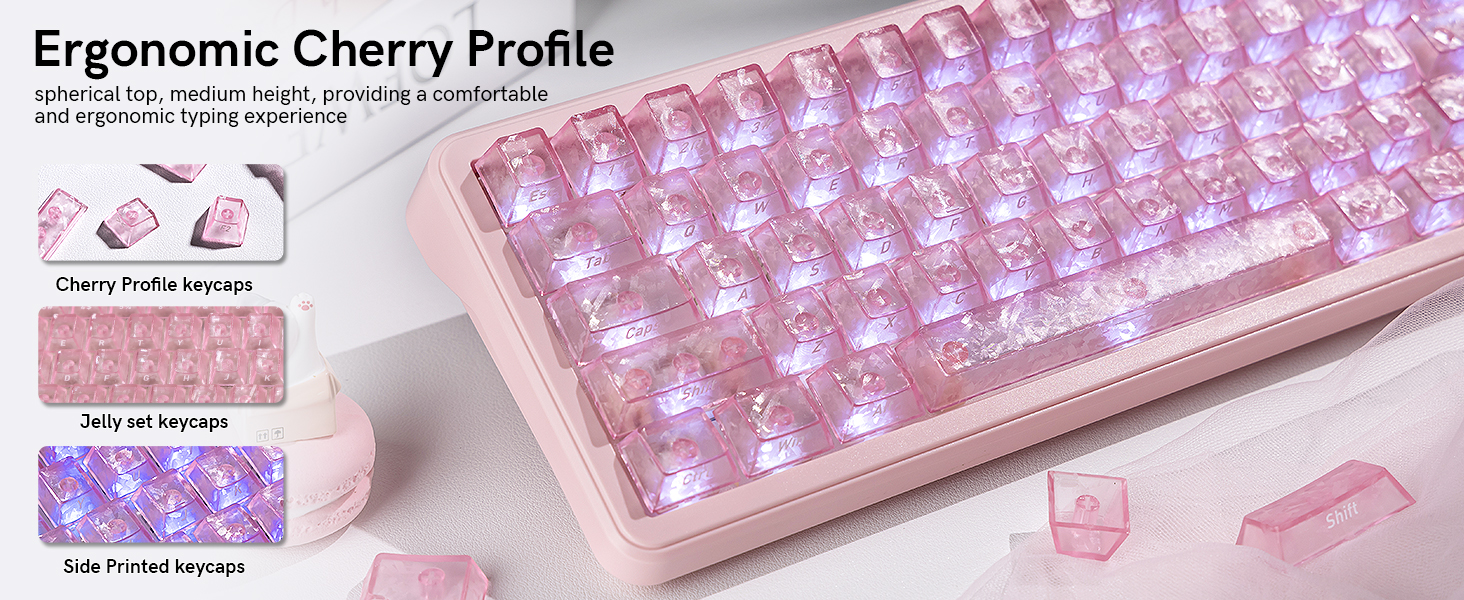 Pink Clear keycaps,Translucent keycaps,Shine Throug Key cap,Side Print,Cherry Profile custom Keycaps