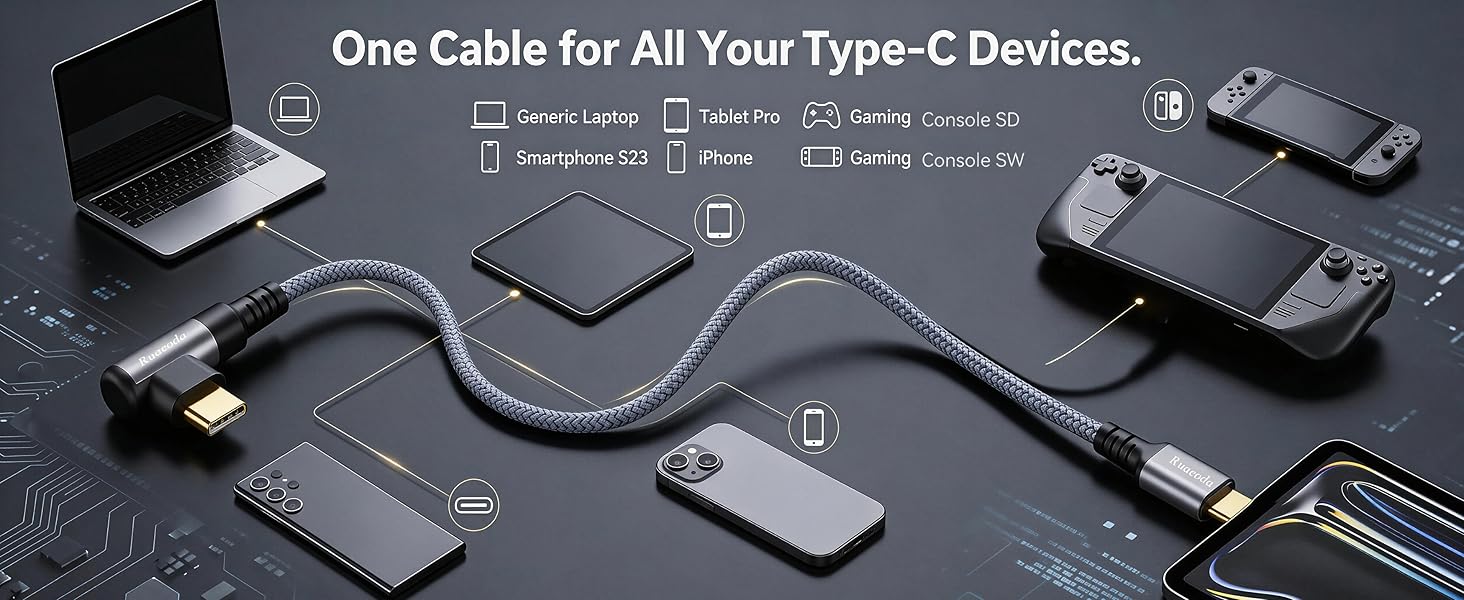 60W Fast Charging Right Angle cable, iPhone 15/16, Samsung Galaxy S24, iPad Pro, Steam Deck.