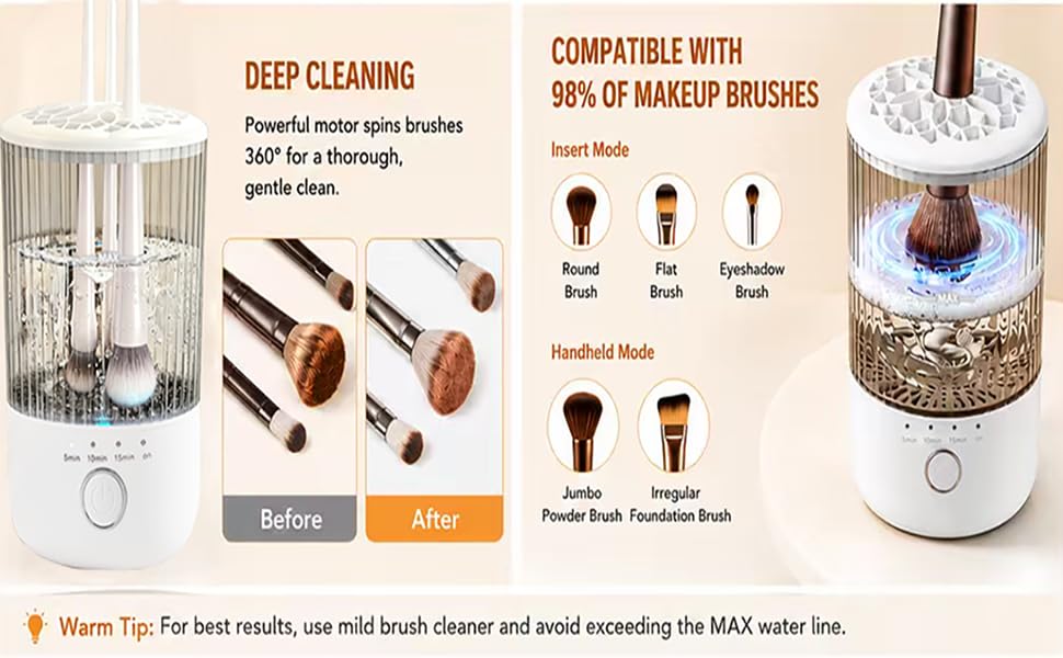 Dual cleaning modes compatible with most makeup brush types