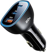 toocki 80W USB C Car Charger, 3-Port Cigarette Lighter USB Charger Adapter, QC&amp;PD Type C Car Char...