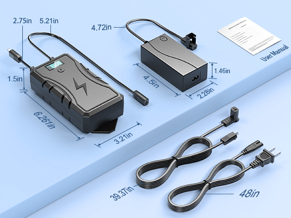 Technical diagram showing dimensions and specifications of electronic components and cables on light blue background with measurement annotations.