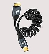 Black coiled HDMI cable with metal connectors at both ends, shown against light gray background.