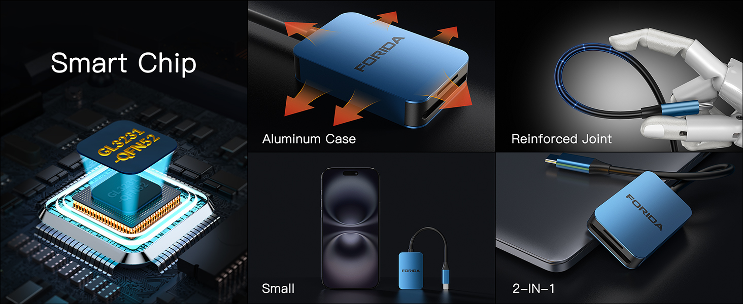 Text reads 'Smart Chip'. Series of product images showing blue-tinted electronic chips or smart card components from different angles.