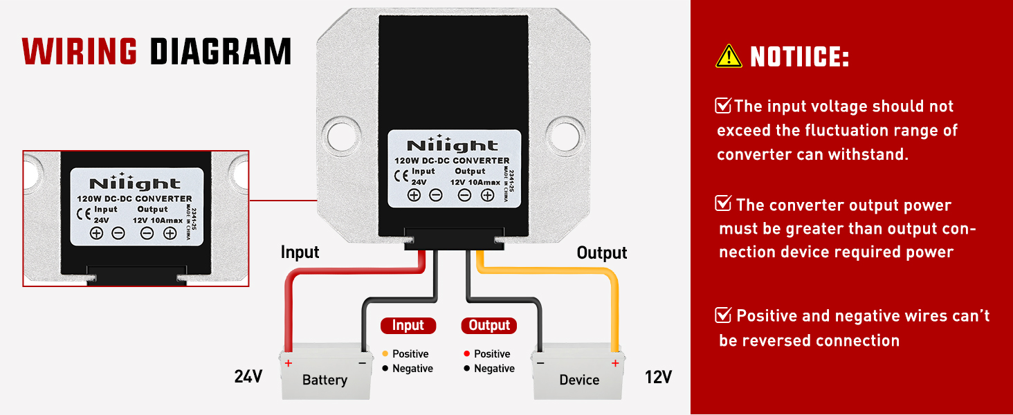 Nilight 120W 24V to 12V 10A DC Converter Regulator Reducer Golf Cart Voltage Converter Regulator