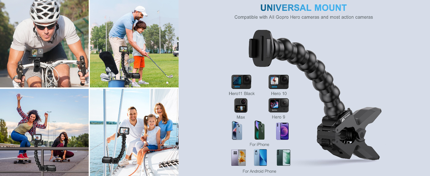 Jaw clamp gooseneck mount attachment for GoPro Hero 8 7, 6, 5, 4 HERO Crosstour AKASO SJCAM