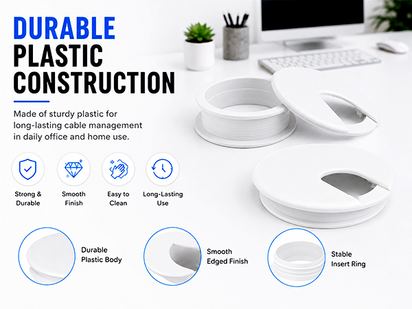 Durable white plastic desk cable grommet with smooth edge and insert ring