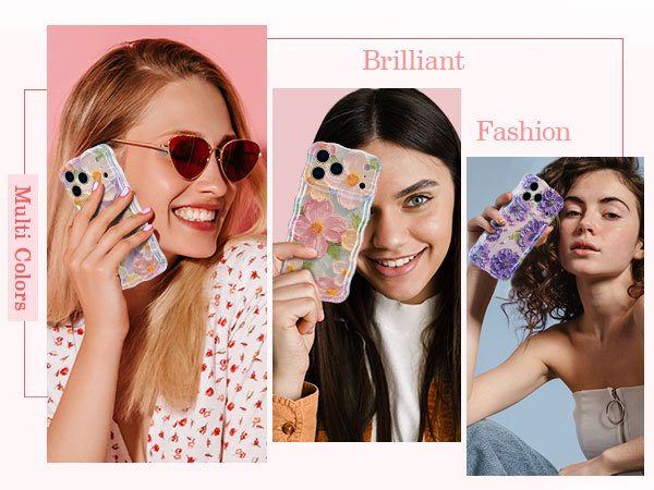 Text reads 'Brilliant'. Collage of lifestyle product photography showing smartphone cases with floral patterns displayed against pink backgrounds.