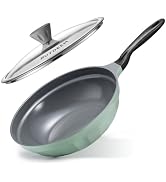 BUYDEEM PL73 12.6" Ceramic Nonstick Frying Wok with Glass Lid, 5.5mm Base | PFAS Free, 5.5mm Heav...
