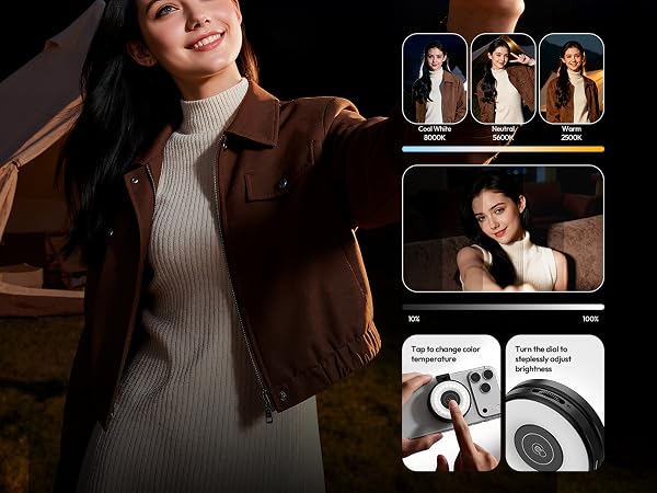 Product demonstration collage showing lighting device usage and effects, with interface controls and various lighting scenarios displayed.
