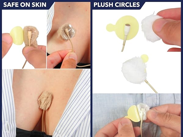Text reads 'SAFE ON SKIN', 'PLUSH CIRCLES'. Tutorial showing cosmetic removal pads being used to apply and remove product in circular motions.
