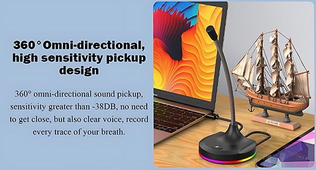 USB Computer Microphone with Mute Button and RGB Lighting,Plug&amp;amp;Play Mic for Conference