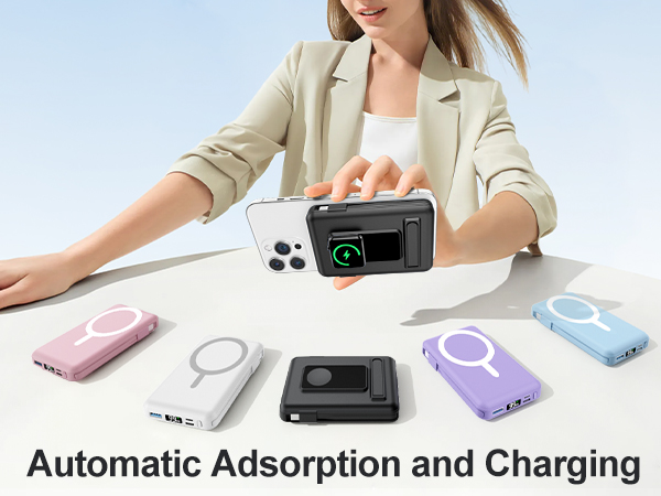Text reads 'Automatic Adsorption and Charging'. Multiple views of wireless charging devices in various colors including pink, blue, and purple.