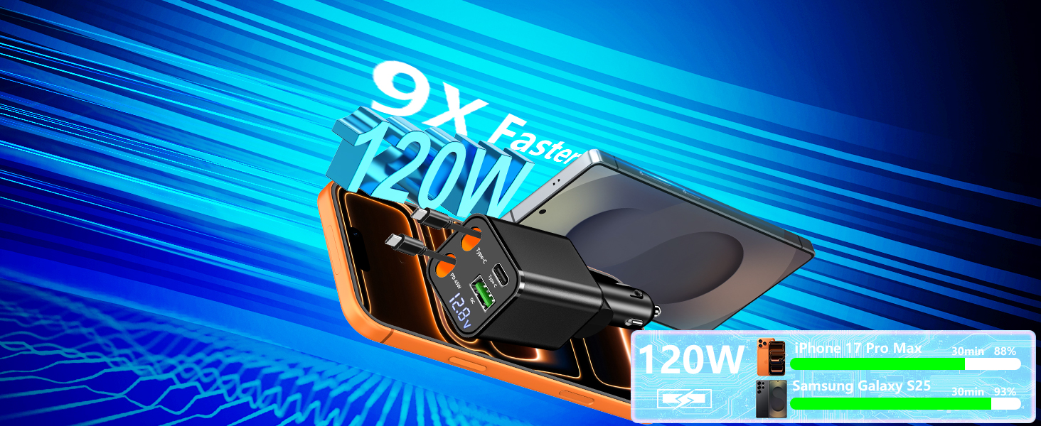 MFi Certified 120W 4-IN-1 Retractable Car Charger USB C PD/QC Type C Fast Charging Cigarette Light