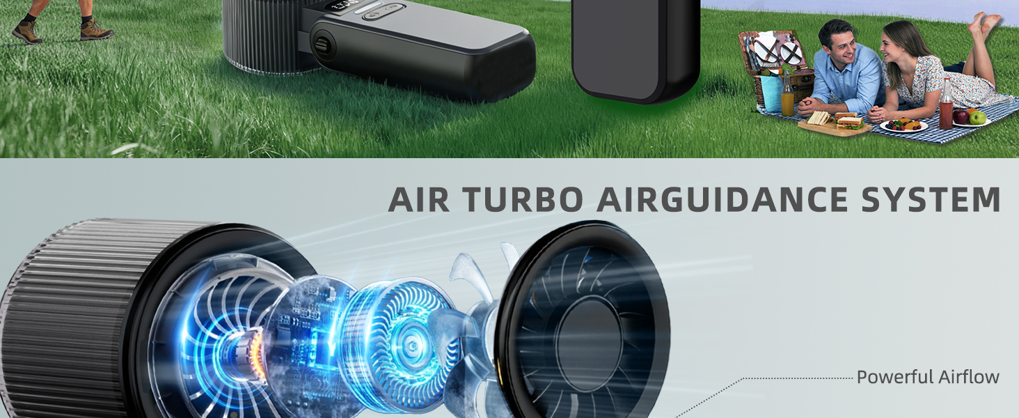 Text reads 'AIR TURBO AIRGUIDANCE SYSTEM' and 'Powerful Airflow'. Black vacuum or air device shown with blue airflow visualization graphics and product components displayed on grass.