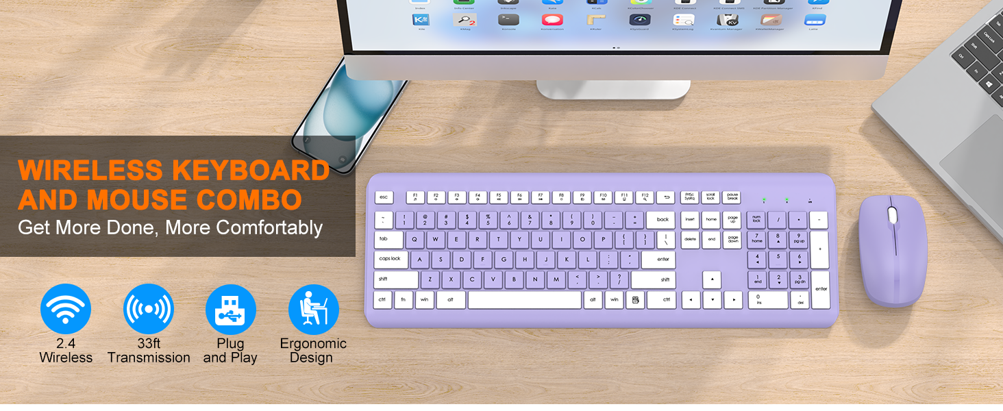 Wireless Keyboard and Mouse Combo, Full Size Silent Ergonomic Keyboard Mouse