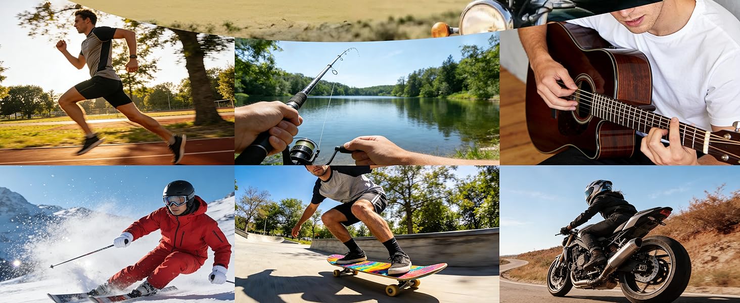 Collage of outdoor activity images showing fishing, skiing, rollerblading, motorcycle riding, and someone playing guitar.