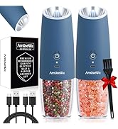 AmuseWit Gravity Electric Salt and Pepper Grinder Set [White Light] USB Rechargeable Automatic Pe...