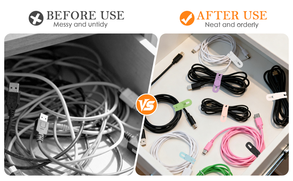 Messy Drawer Cables (Left) vs. Neat Organized Cables (Right) Secured with Silicone Cable Ties