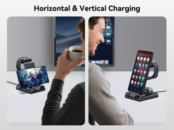 Text reads 'Horizontal &amp; Vertical Charging'. Multiple images showing a charging dock being used to charge mobile devices in both horizontal and vertical orientations.