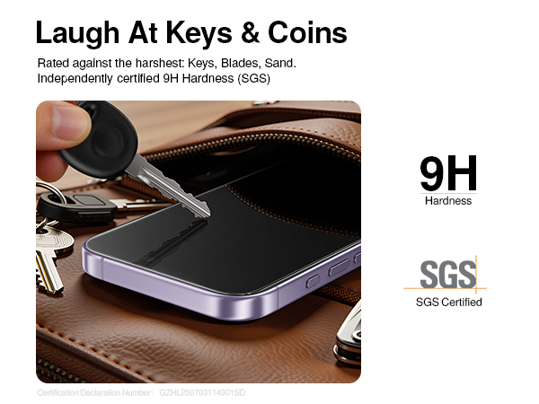 Text reads 'Laugh At Keys &amp; Coins' and '9H HARDNESS' and 'SGS SGS Certified'. Product image showing phone screen protector demonstration with wallet.