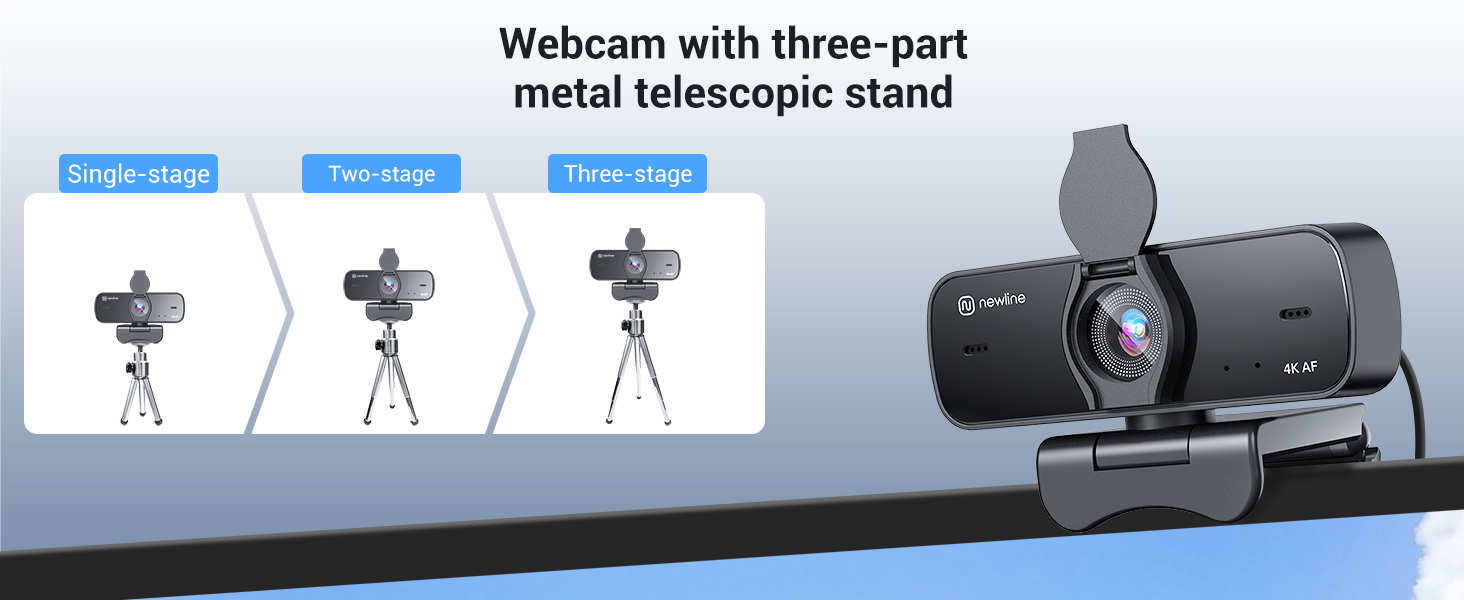 Webcam with three-part metal telescopic stand. Features adjustable tripod base, elongated black camera body with lens and colorful circular element. Diagram shows single-stage, two-stage, and three-stage configurations.