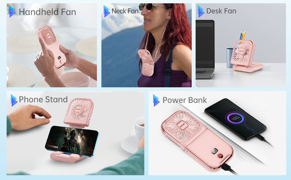 Portable Handheld Fan Necklace Fan Mini Desk Fan Foldable Phone Stand Power Bank