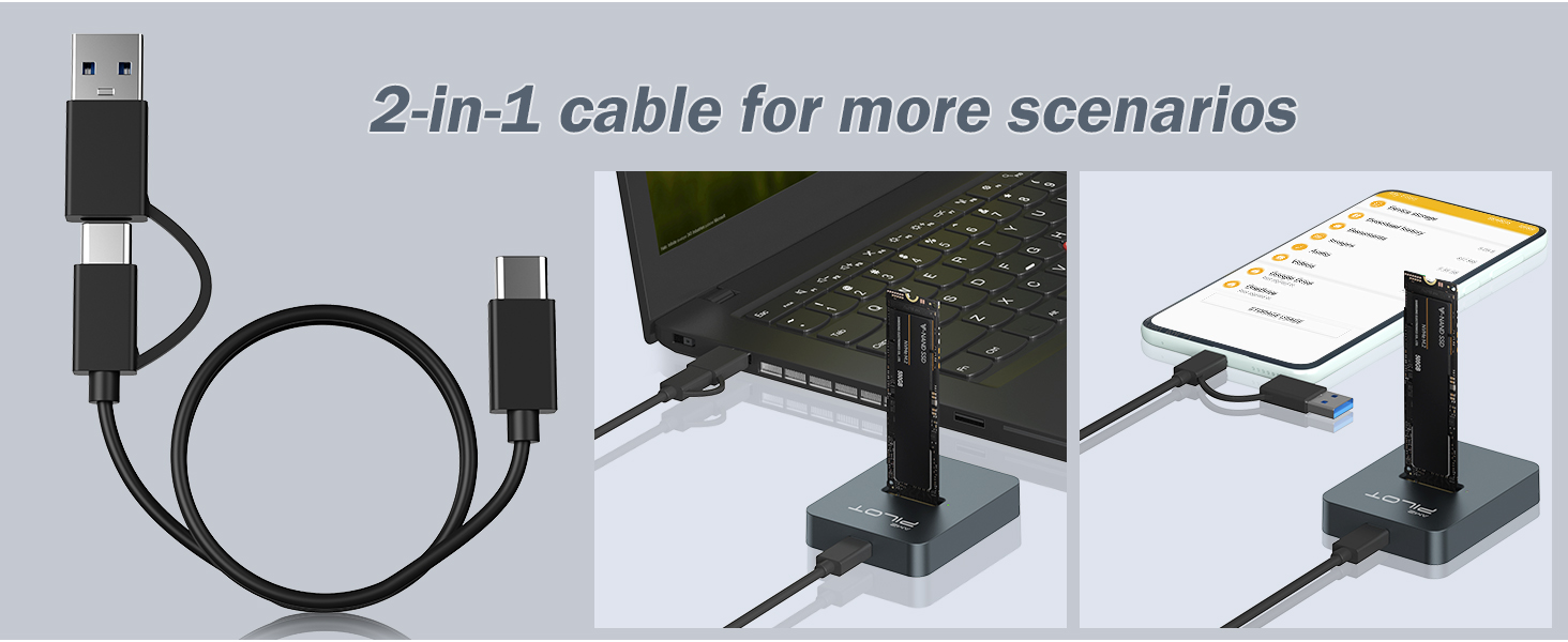 Connect M.2 SSD to USB C devices including laptops tablets and smartphones for data sharing.