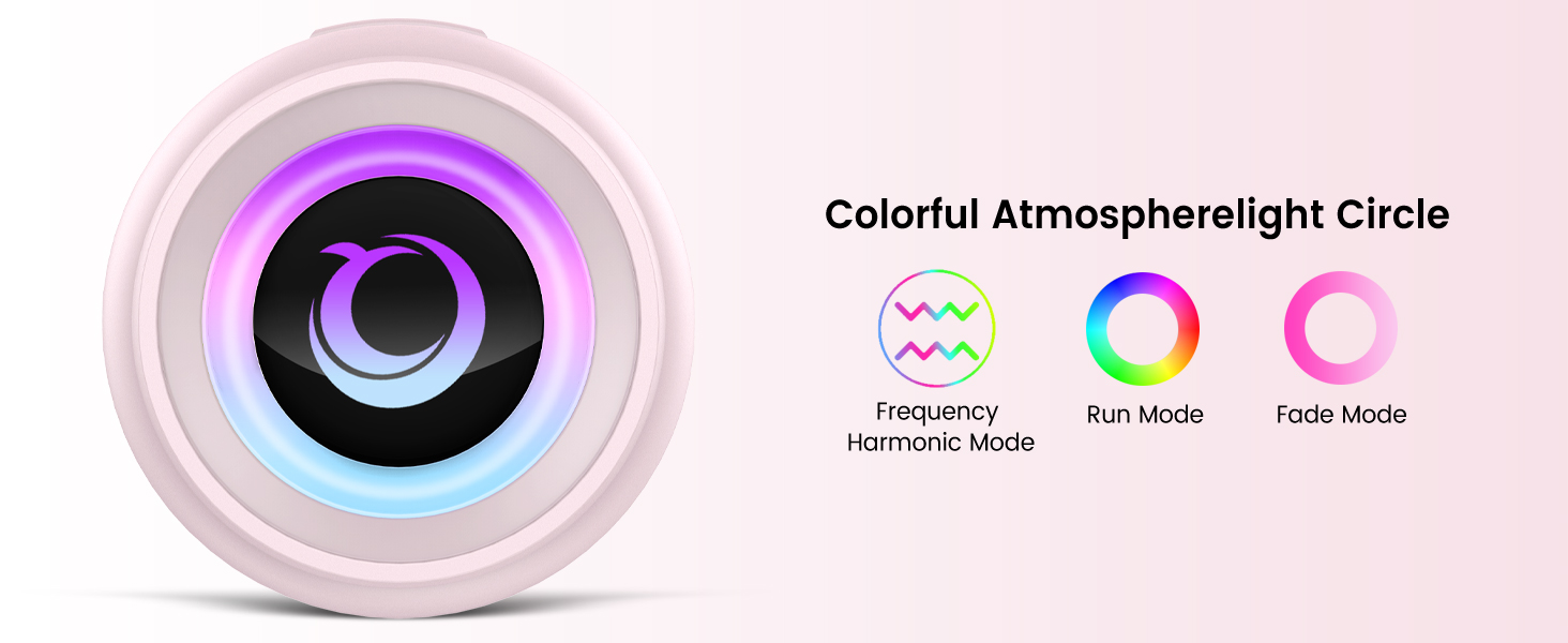 Text reads 'Colorful Atmospherelight Circle'. Circular device with concentric rings in purple, pink, blue, and white, featuring central iris-like opening. Small colorful light icons displayed below.