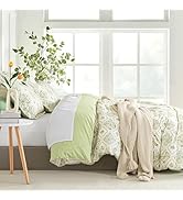 LEMIROE Floral 100% Cotton Duvet Cover Queen Size 3PC - Green &amp; Light Gray Botanical Diamond Patt...