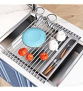 JASIWAY Over The Sink Dish Drying Rack for Kitchen, Roll Up Dish Drainer with The Function of For...
