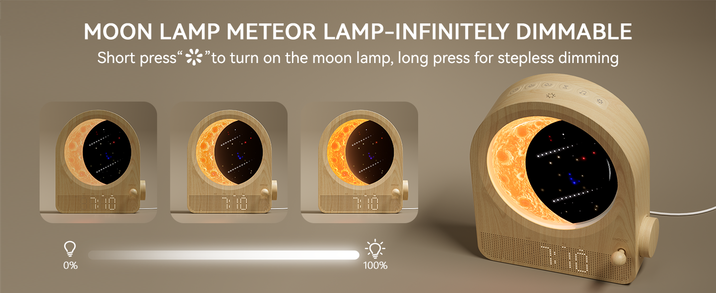 Moon lamp with infinitely dimmable feature. Circular light in beige housing shows various brightness levels. Short press turns on, long press for stepless dimming.