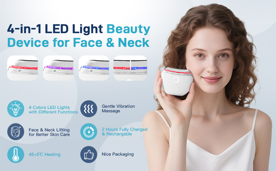 4-in-1 LED light beauty device for face and neck. Features 4 color LED lights, vibration massage, skin lifting function, and heating. Rechargeable handheld design shown with product and usage demonstration.