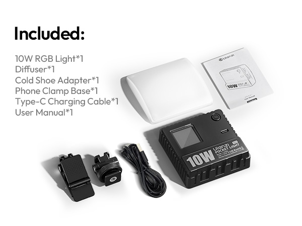 Text reads 'Included:' followed by product components including 'Type-C Charging Cable', 'User Manual', and other accessories shown as product package contents.