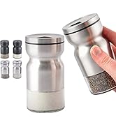 HOME EC Glass Salt and Pepper Shakers Set with Adjustable Pour Holes - Stainless Steel Salt Shake...