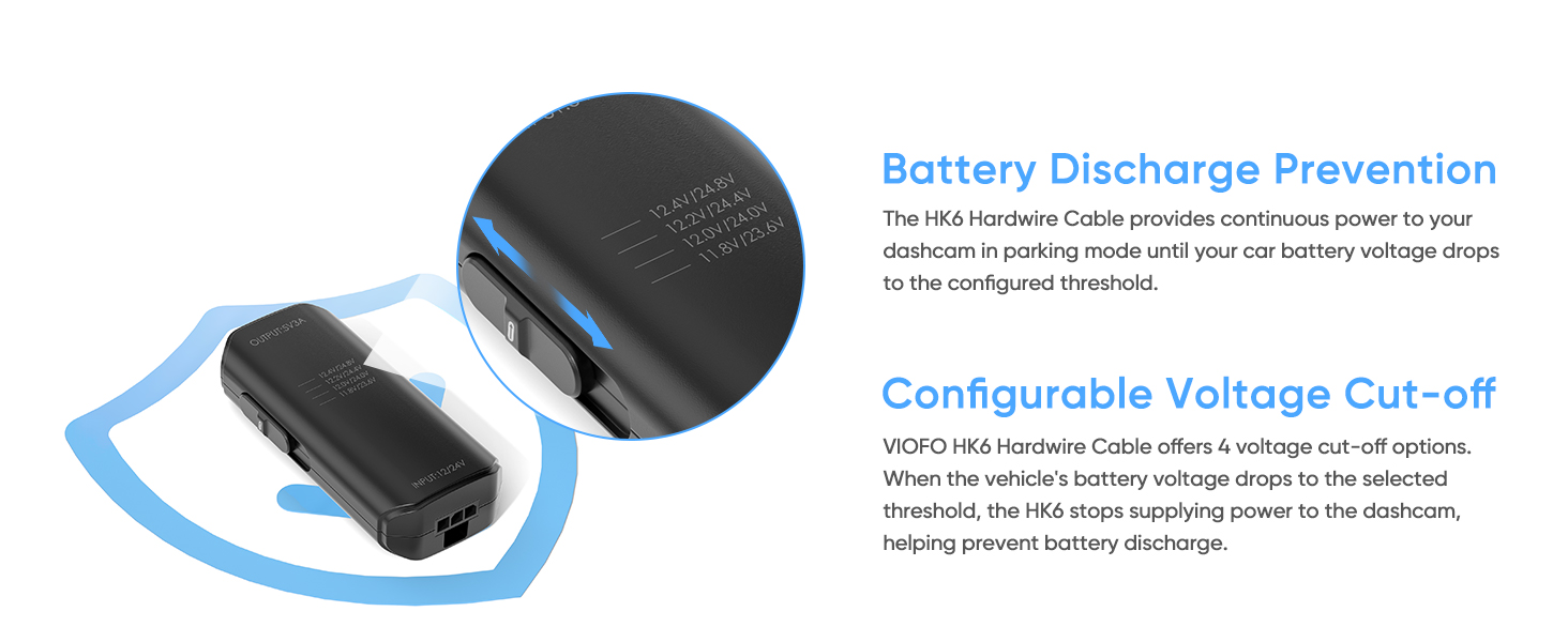 HK6 hardwire kit prevents battery drain: 4 voltage cut-off options for safe parking mode power.