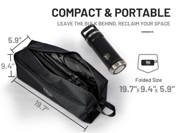 Compact folded size 19inch x 9inch x 6inch; fits in car trunks, RVs