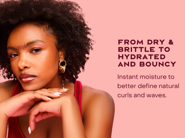 Image of a woman with curly hair, next to text highlighting benefits of our hydration shampoo.