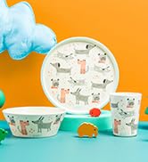 Dog melamine bamboo dinnerware set with plate, bowl, and tumbler