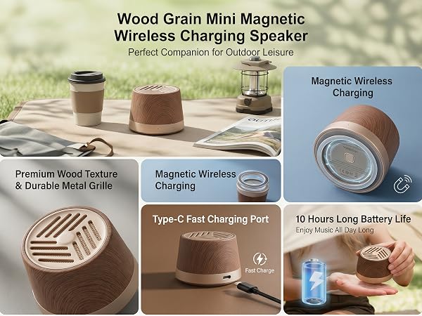 Wood Grain Mini Magnetic Wireless Charging Speaker