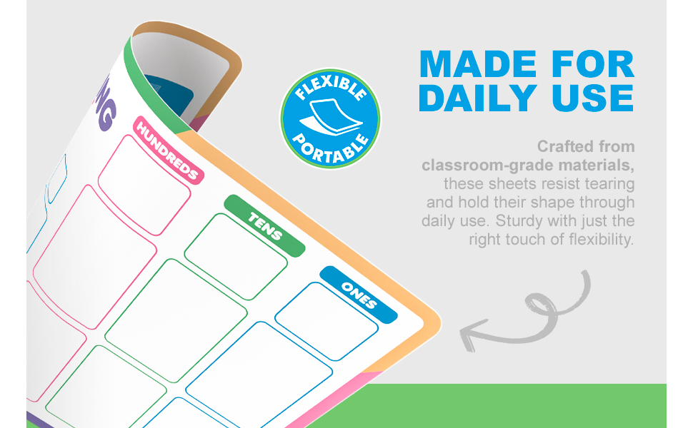 Reusable math practice boards with regrouping chart on one side and place value chart on the other